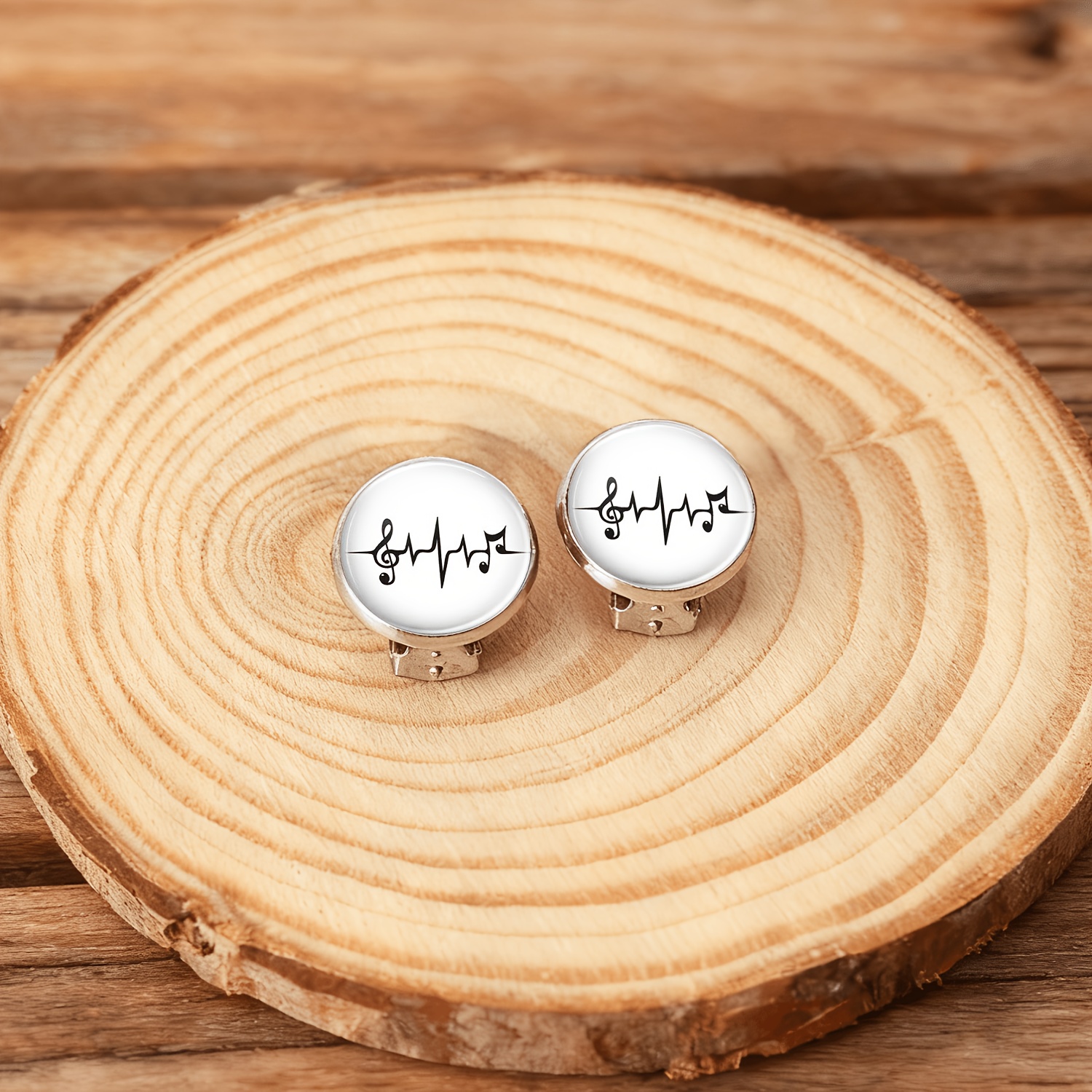 2pc No-Piercing Circular Glass Earrings Set, Musical Notes Design